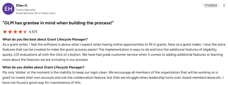 Screenshot of G2 review of GLM by Ellen H