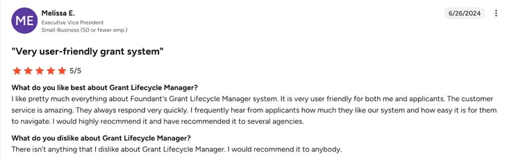 Screenshot of G2 review of GLM by Melissa E