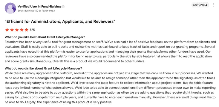 Screenshot of G2 review of GLM by fund raiser