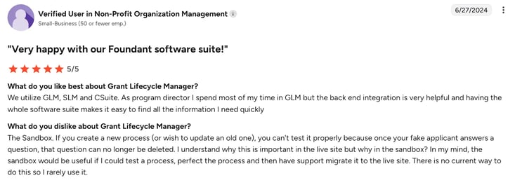 Screenshot of G2 review of GLM by non-profit organization (1)