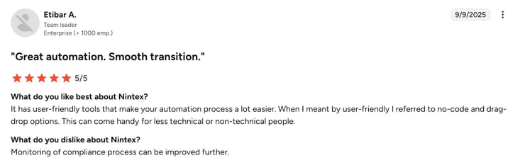 Screenshot of G2 review of Nintex by Etibar A