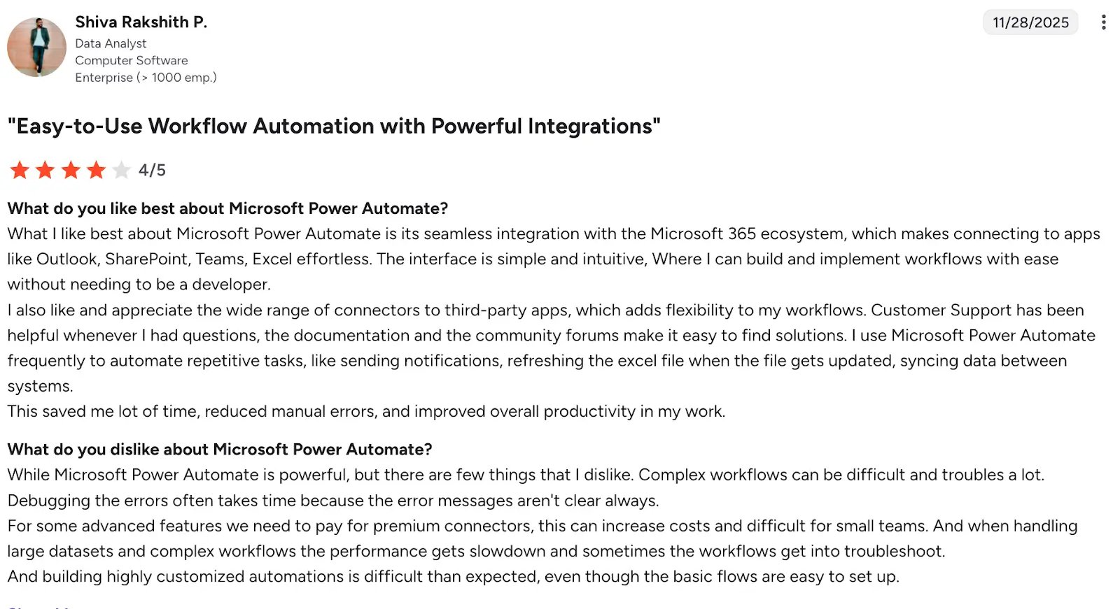 Screenshot of G2 review of Power Automate by Shiva Rakshith