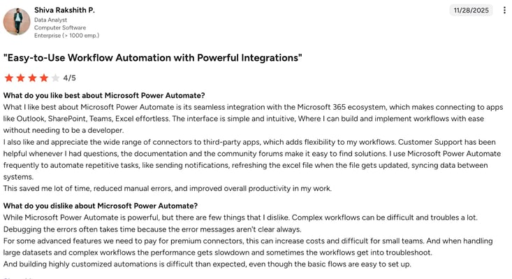 Screenshot of G2 review of Power Automate by Shiva Rakshith
