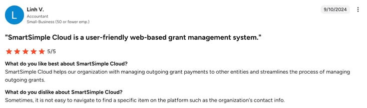 Screenshot of G2 review of SmartSimple by Linh V.