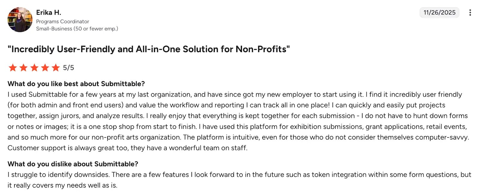 Screenshot of G2 review of Submittable from Erika H (1)