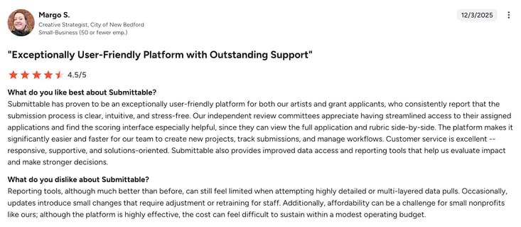 Screenshot of G2 review of Submittable from Margo