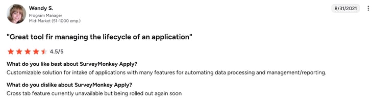 Screenshot of G2 review of SurveyMonkey by Wendy S