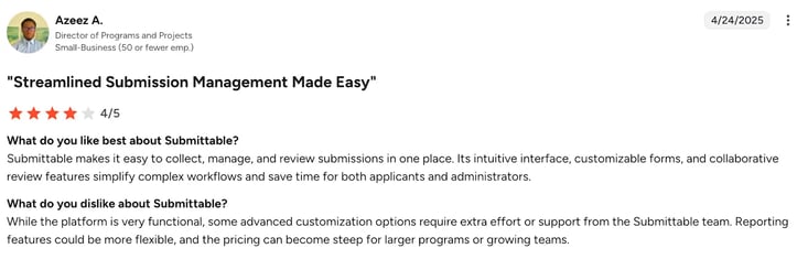 Screenshot of G2 review of submittable by Azeez