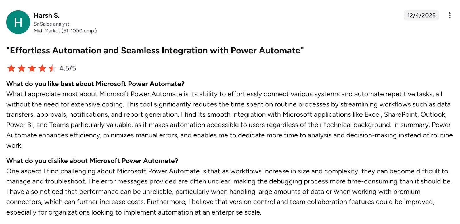 Screenshot of Microsoft Power Automate review by Harsh S on G2