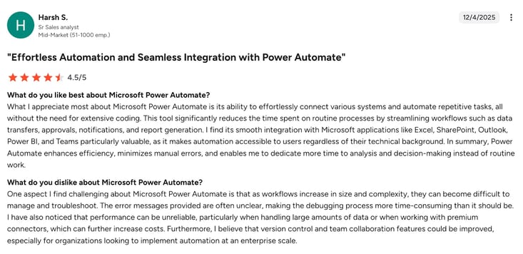 Screenshot of Microsoft Power Automate review by Harsh S on G2