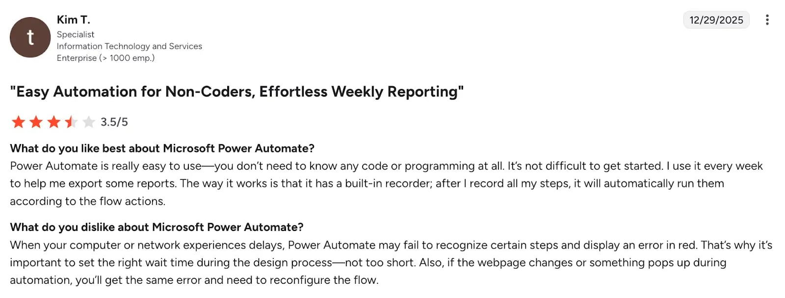 Screenshot of Microsoft Power Automate review by Kim T on G2
