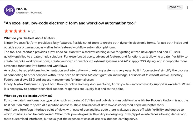 Screenshot of Nintex review on G2 by Mark B.