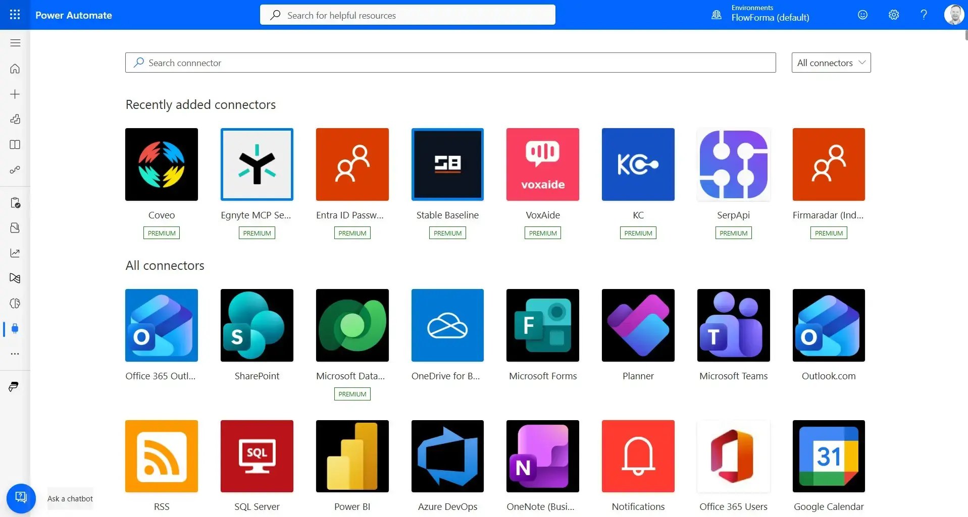 Screenshot of Power Automate Connector Options