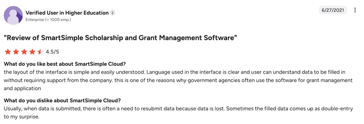 Screenshot of SmartSimple review by education customer