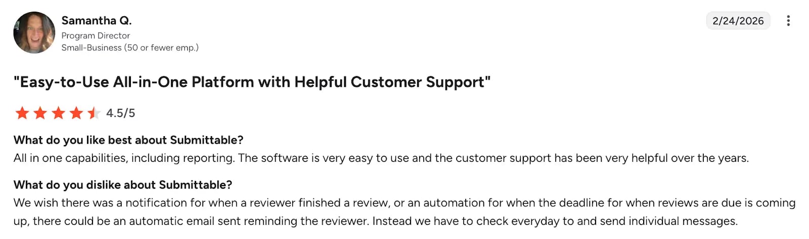 Screenshot of Submittable g2 review by Samantha