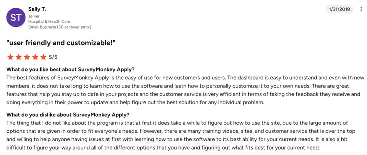 Screenshot of SurveyMonkey G2 review by Sally T