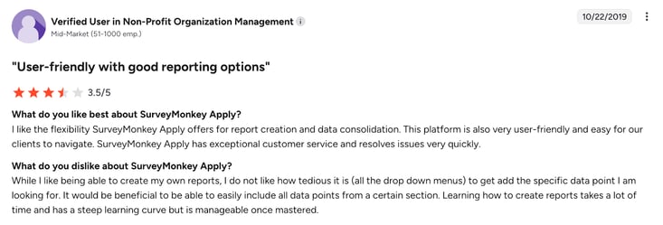 Screenshot of SurveyMonkey G2 review by non-profit