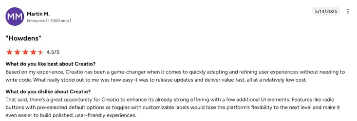 Screenshot of a G2 review by Martin M