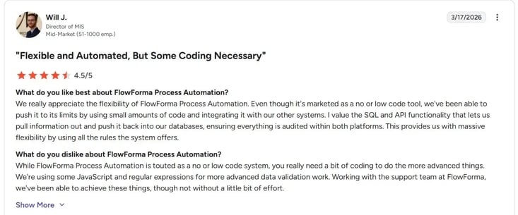 Screenshot of a G2 review by Will J