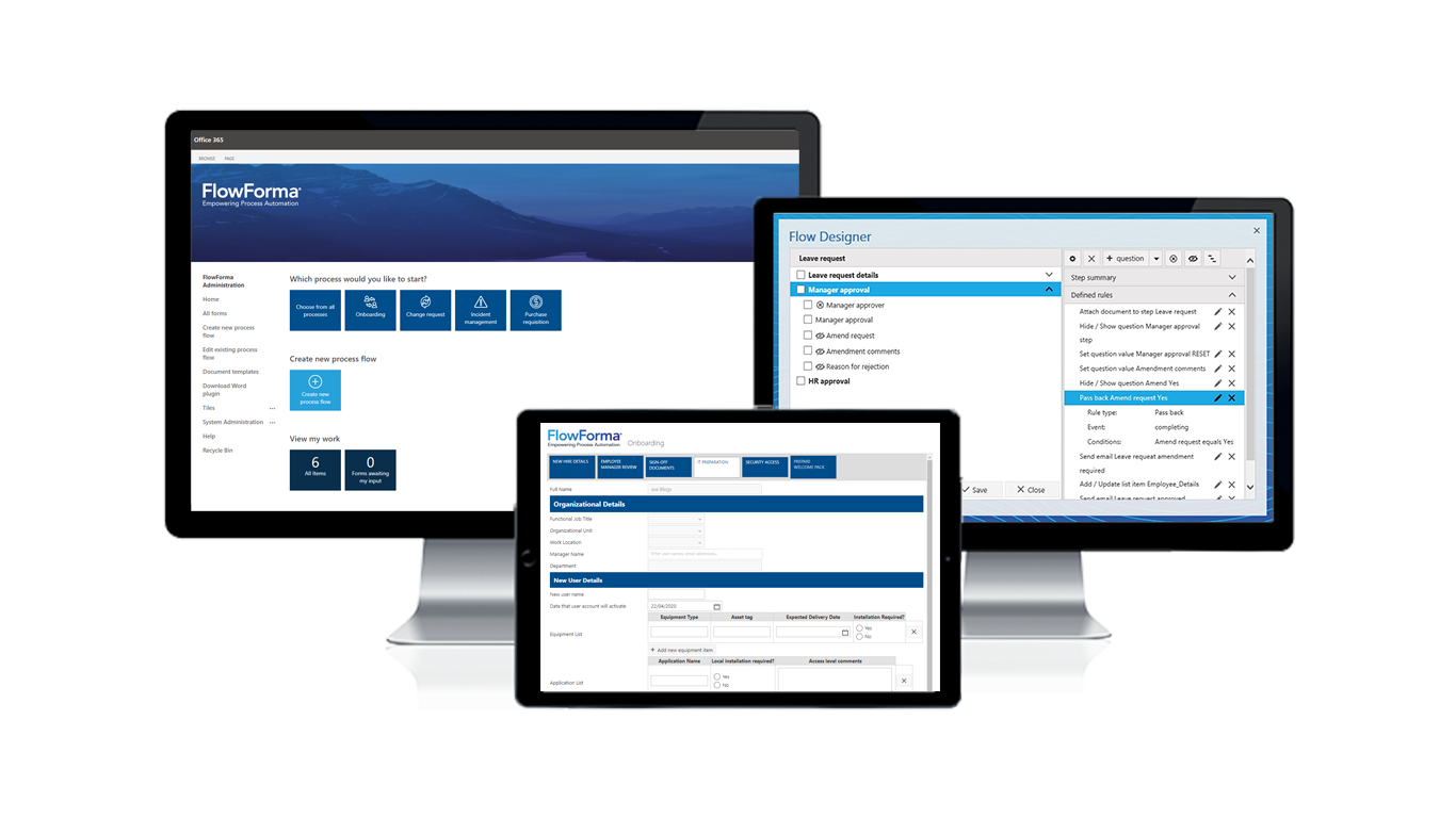 FlowForma digital process automation solution revolutionizes BPM tools space - three devices display their dashboard