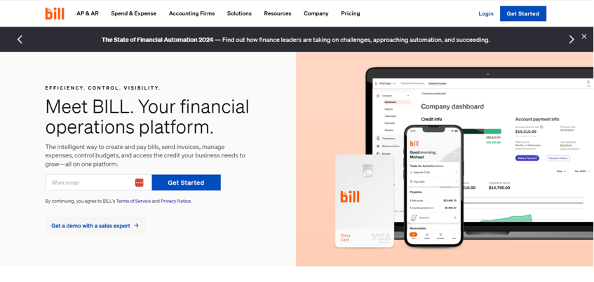 Bill.com finance automation solution for automated invoicing and payments