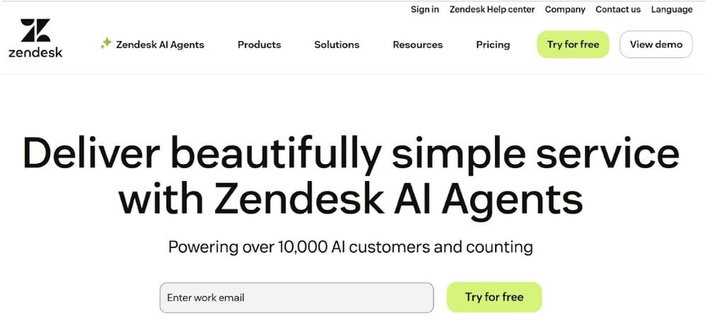 A screenshot from Zendesk’s homepage