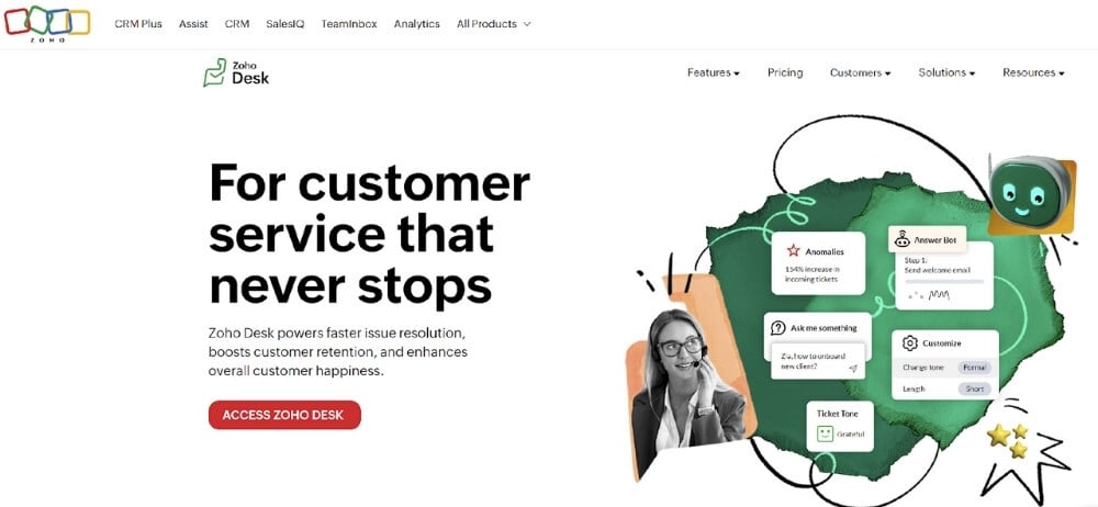Screenshot of Zoho Desk’s homepage