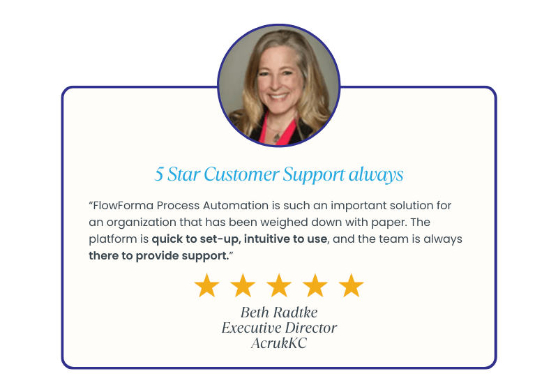 _What users say about FlowForma adoption Beth RadtkeScreenshot of customer testimonial on FlowForma