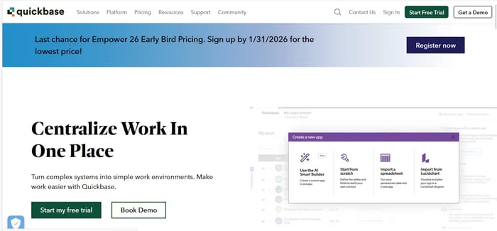 Screenshot of Quickbase’s homepage