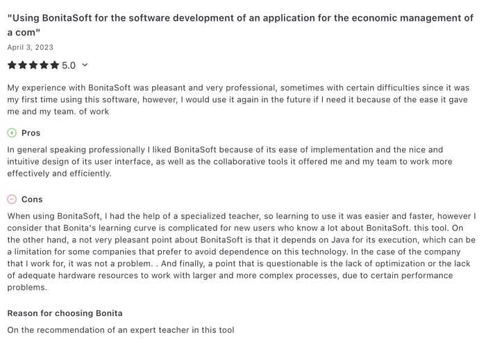 Screenshot of user feedback on Bonitasoft’s learning curve