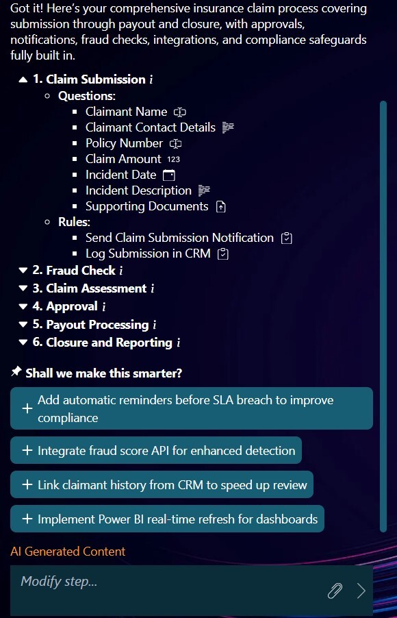 Image showing FlowForma Copilot chat feature to add steps and rules