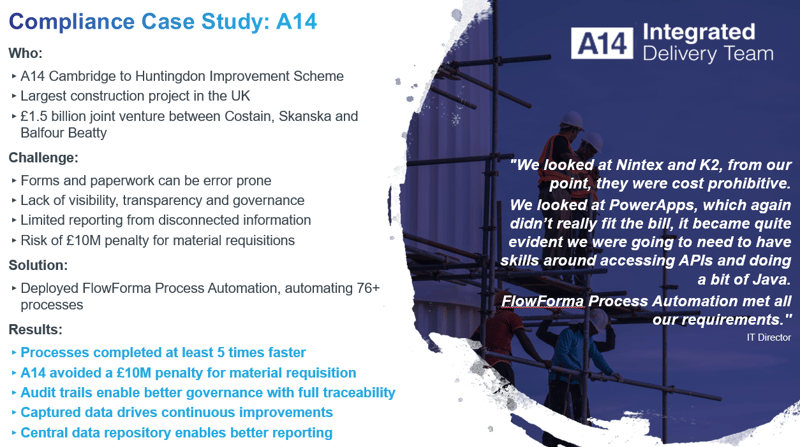 lowForma process summary for A14 team highlighting mobile access, integrated data, and audit-ready governance.