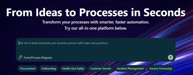 The FlowForma homepage highlights process automation features and options like procurement, onboarding, and invoice processing.