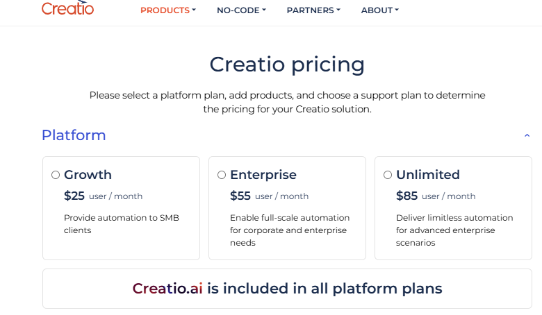 A screenshot of Creatio pricing model