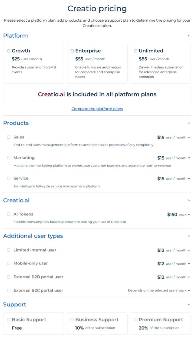 Screenshot of Creatio’s pricing screen 