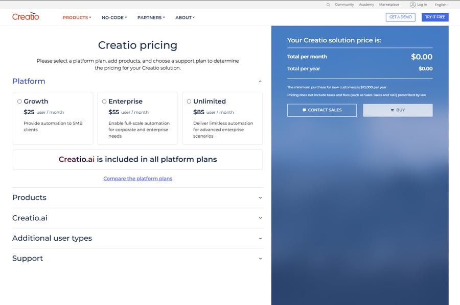 Creatio’s pricing page