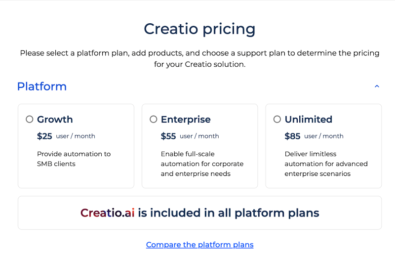 Screenshot of Creatio’s pricing page