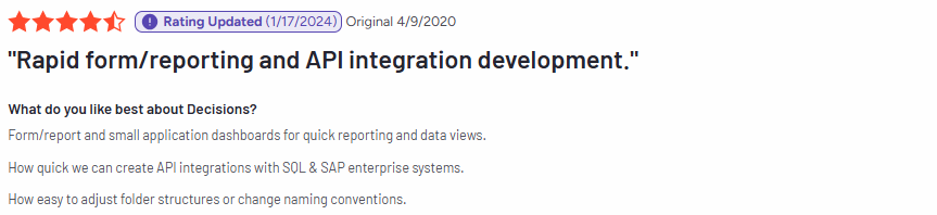 Screenshot of Decisions review highlighting its flexible integrations taken from G2. 