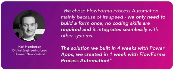 Image showing how Downer build a flow 4x faster in FlowForma compared with Power Apps