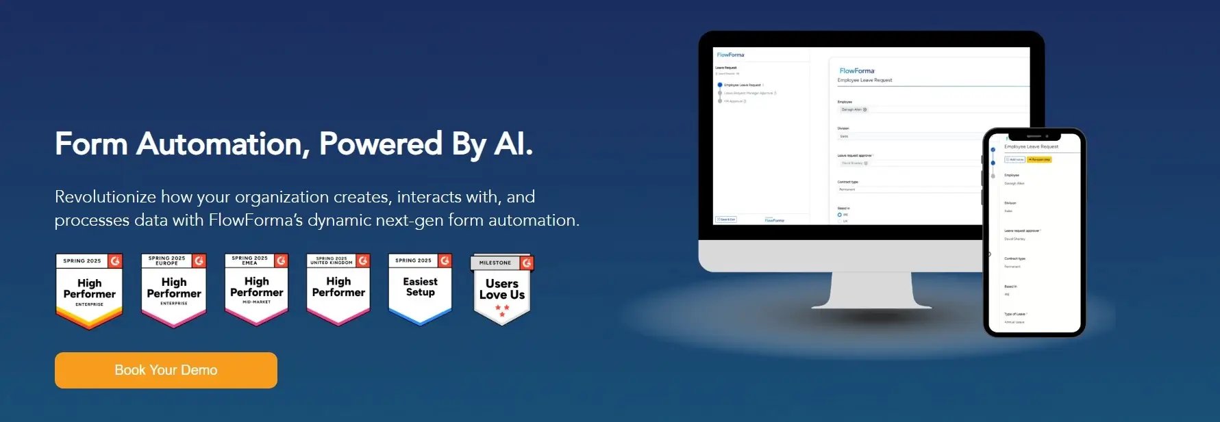 Screenshot of FlowForma AI-powered forms homepage