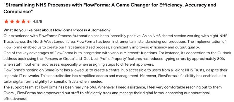 Screenshot of a verified G2 review for FlowForma