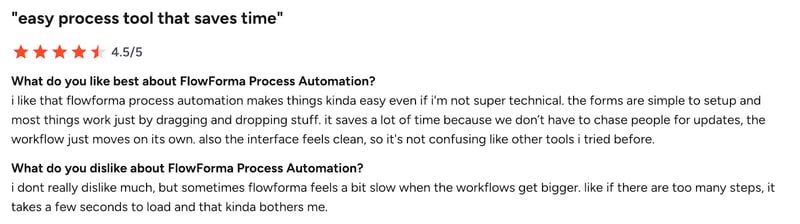 Screenshot of a verified G2 review for FlowForma