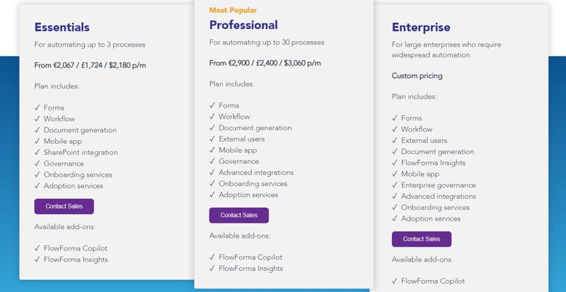 Screenshot of FlowForma’s pricing page