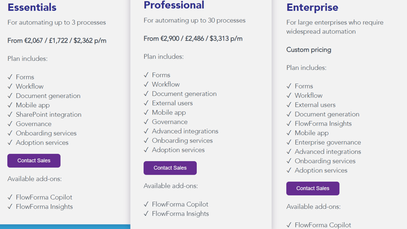 Screen shot of FlowForma’s pricing page
