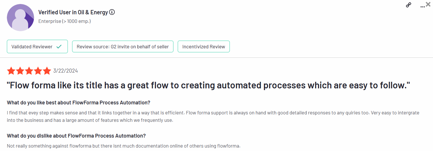 User testimonial highlighting Flowforma’s ease of use.  Caption: