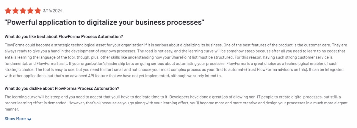 Screenshot of a verified G2 review for FlowForma