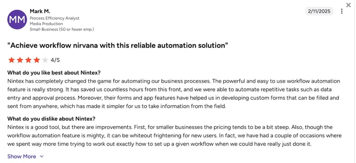 g2 review of Nintex by Mark M