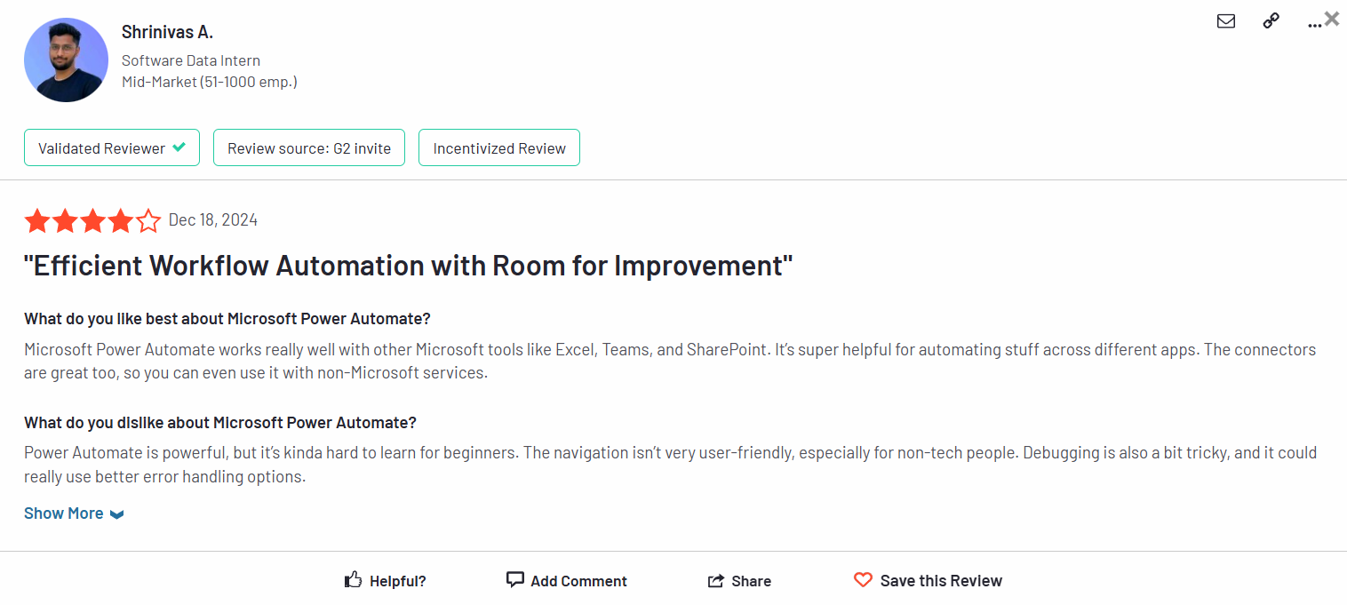 G2 user points out complex setup in Microsoft workflow automation, citing a steep learning curve