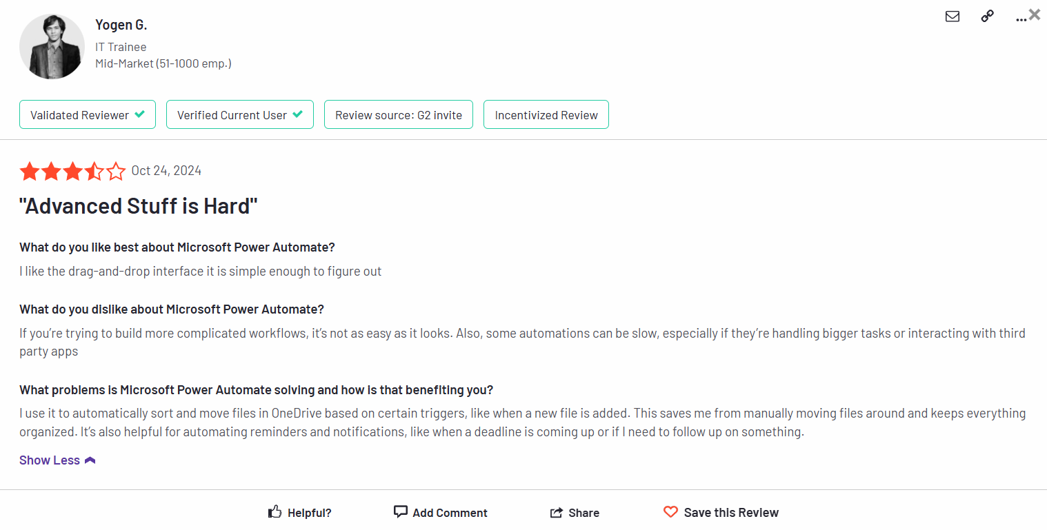 G2 user highlights scalability concerns in Microsoft workflow automation with Microsoft Power Automate