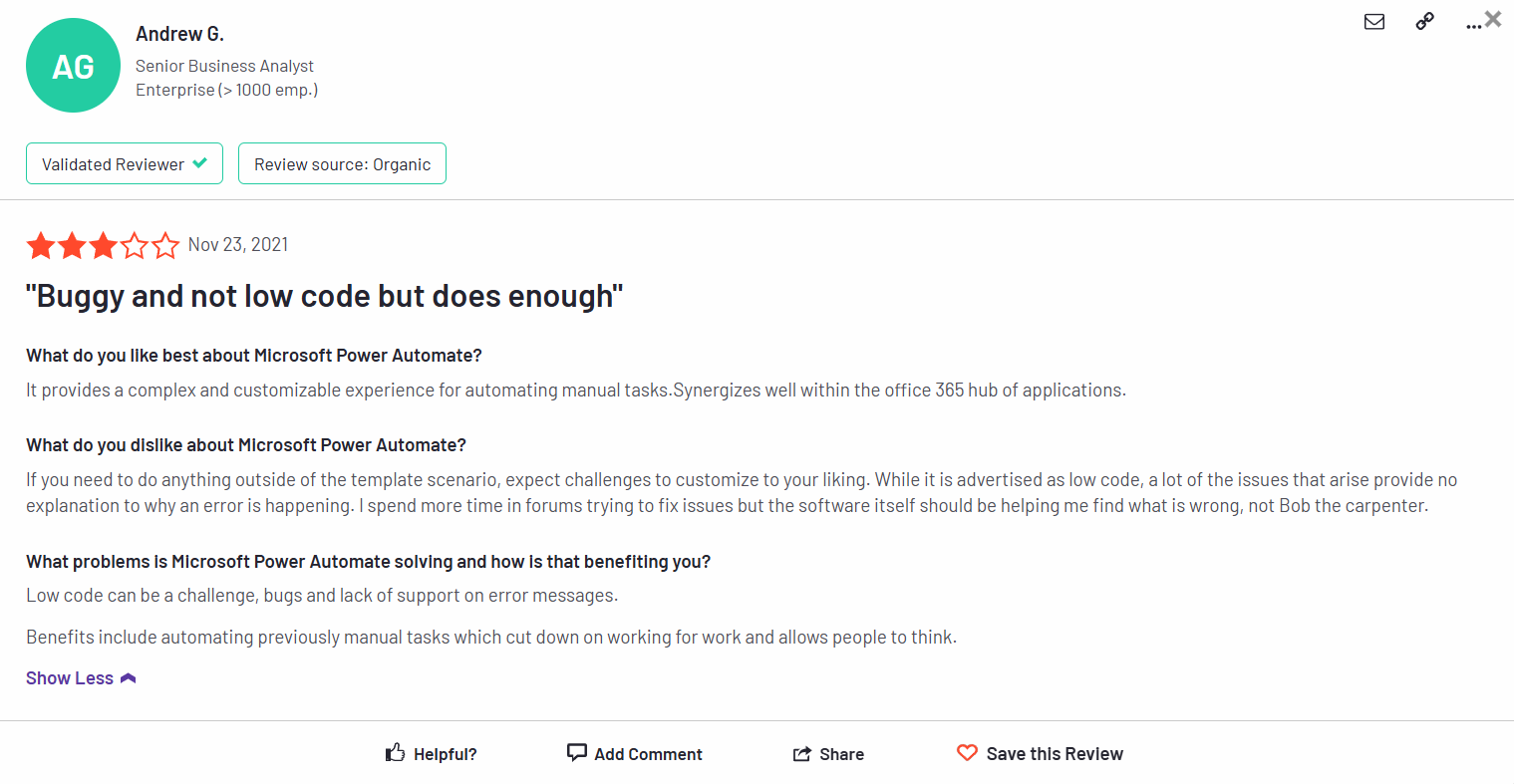 G2 user highlights bug issues of Microsoft workflow automation with Microsoft Power Automate